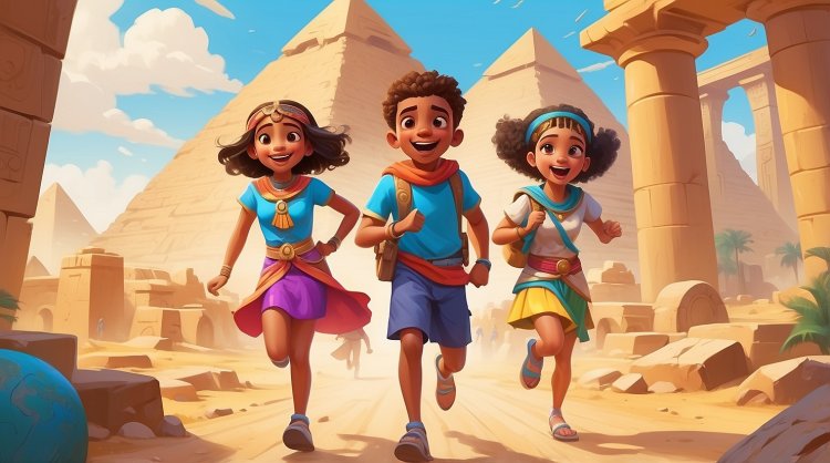 Die Kinder sehen zum ersten Mal die Pyramide im Alten Ägypten