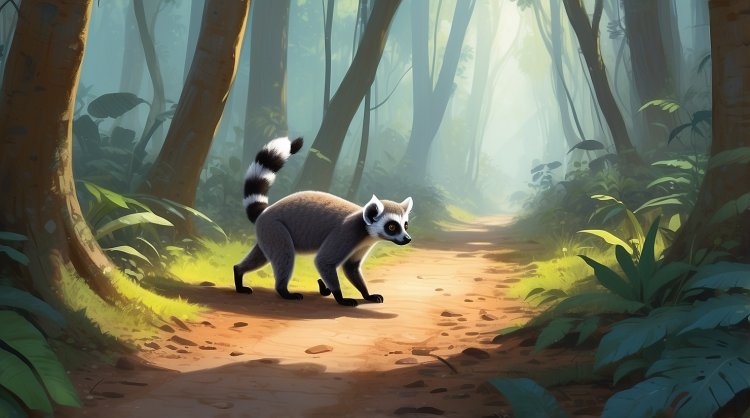 Lemur Miko examines mysterious tracks on the forest path.