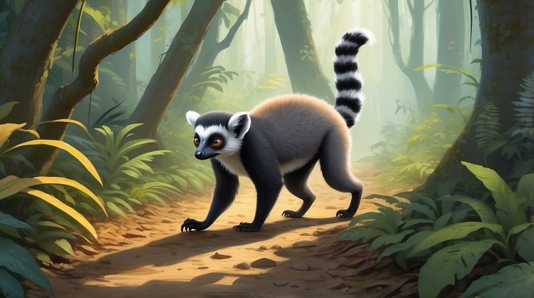 The lemur examines a twig with nibbled leaves, looking for clues about the mysterious animal.