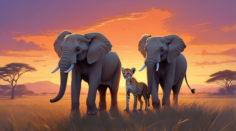 Elephant calf and cheetah cub watch clouds in the savanna at sunset.