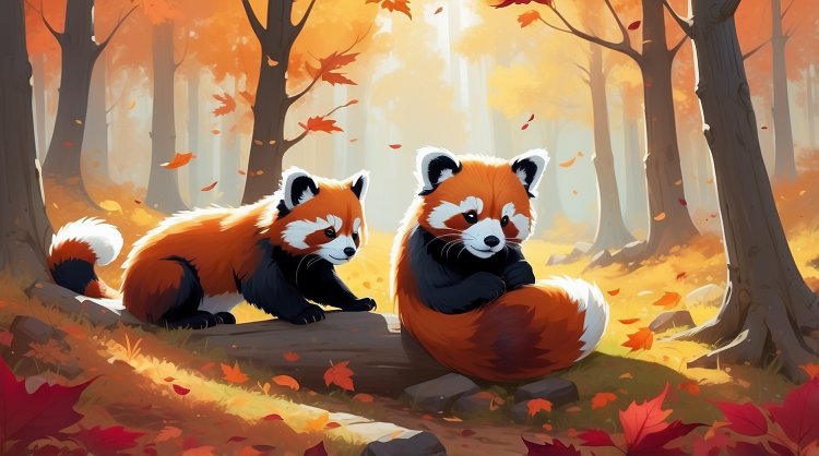 Red panda Mia collects bright autumn leaves in a clearing in the forests of Japan.