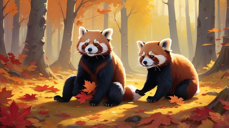 The red panda and the monkey create autumn bouquets and mats from vibrant leaves.