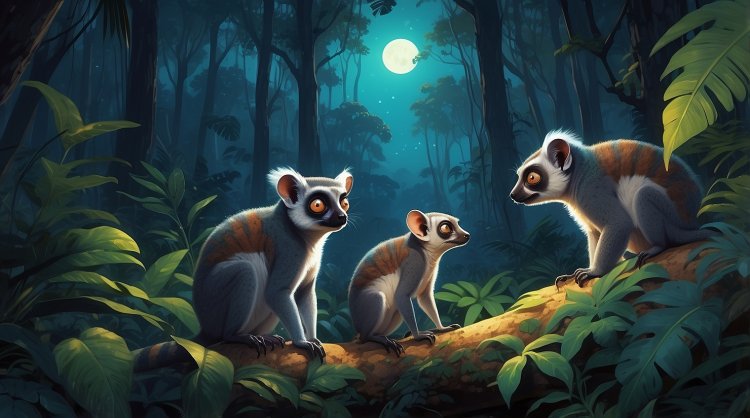 Lemur Li und Chamäleon Chiro spazieren nachts durch den tropischen Wald auf Madagaskar.