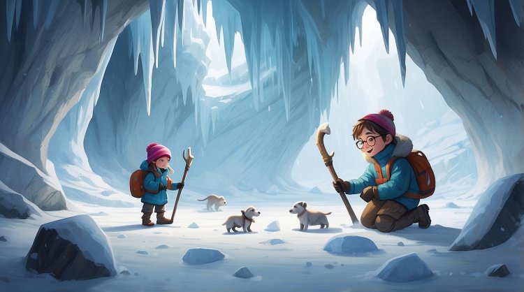 Lena and Petya on an expedition in the Arctic, surrounded by ice caves