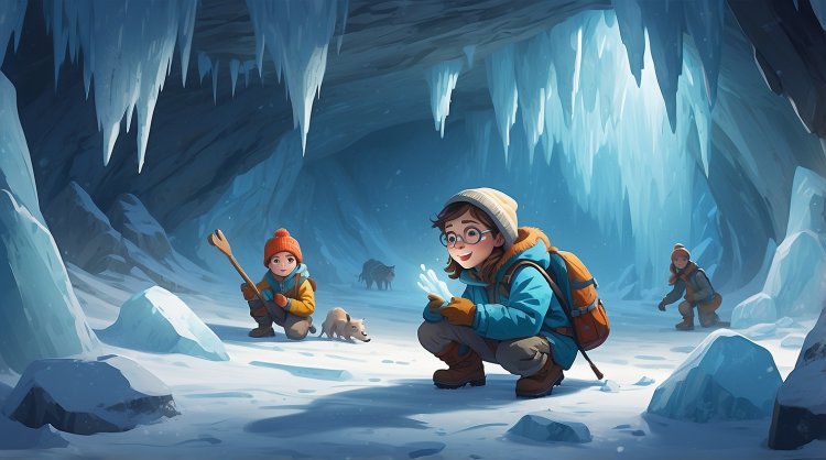 Petya and Lena examining an artifact in an ice cave