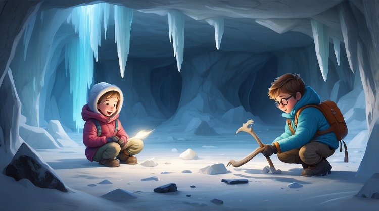 Lena and Petya examine artifacts against the backdrop of the Northern Lights in the Arctic