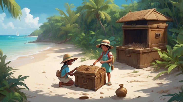 Lena and Petya open the chest with pirate treasure in the Caribbean.