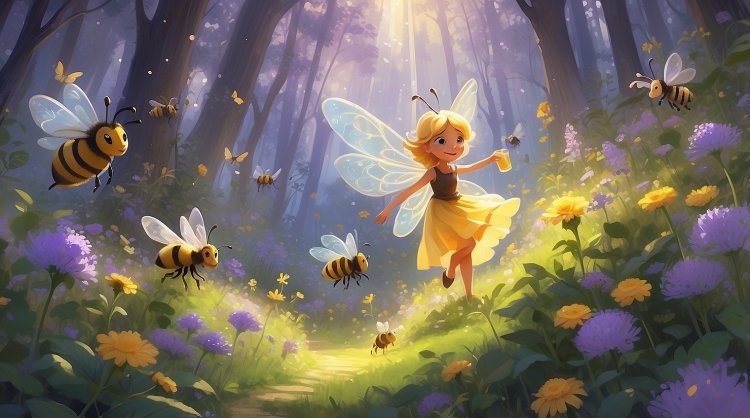 Fairy Lilia talking to the bee Zsuzsa near the beehive