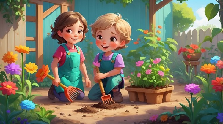 Vanya and friends plant flower seeds, showing care and diligence